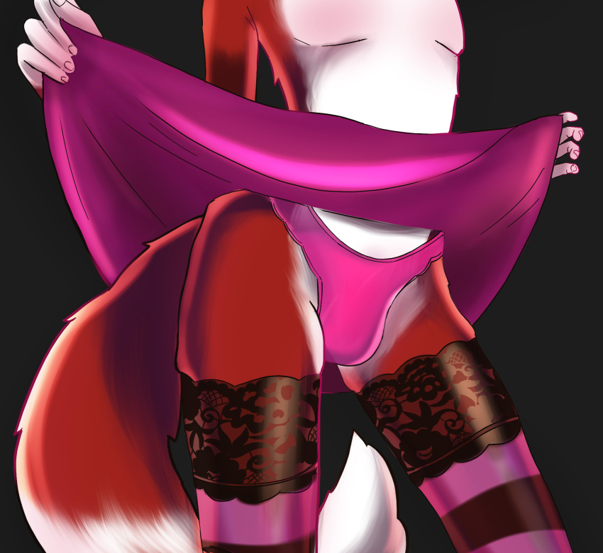 albator_(fern/alba) anthro black_background bottomwear bulge canid canine clothed clothing clothing_lift fox fur girly hi_res legwear male mammal panties pink_clothing pink_panties pink_underwear raised_bottomwear raised_clothing raised_skirt red_body red_fur simple_background skirt skirt_lift solo standing submissive submissive_male thigh_highs underwear white_body white_fur xonsfw