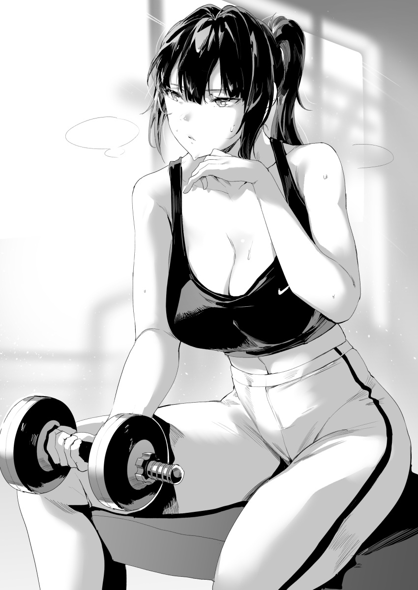 1girl absurdres bangs bare_shoulders breasts cleavage curling dumbbell exercise greyscale hair_between_eyes high_ponytail highres large_breasts midriff monochrome naoko_(9113419) original pants sidelocks sitting sports_bra sweat yoga_pants