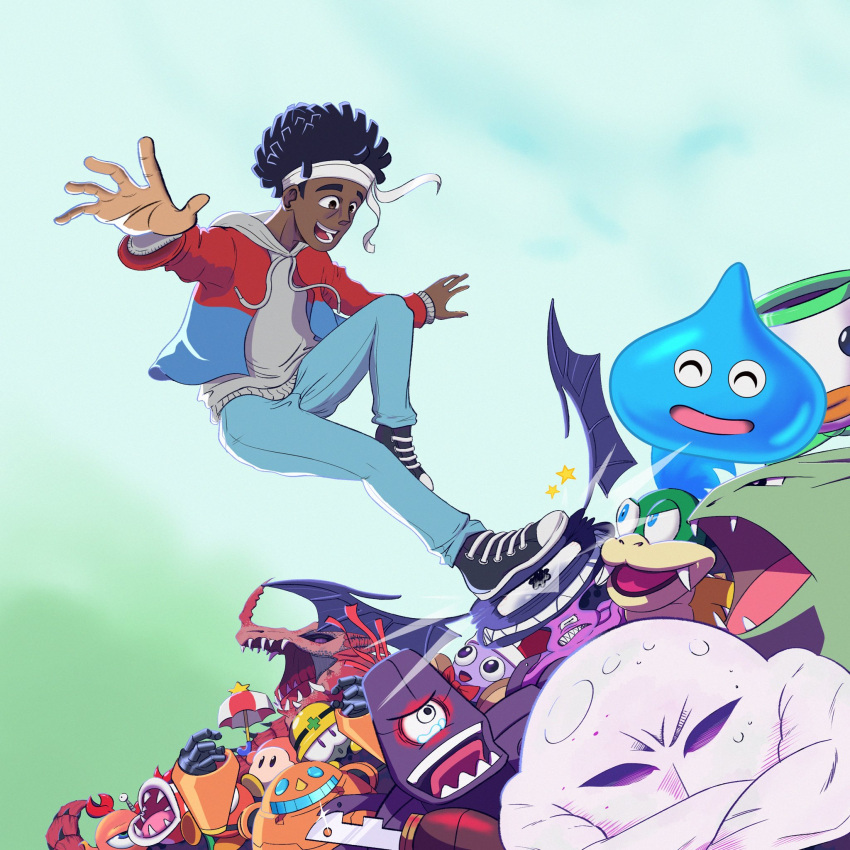 1boy afro album_cover artist_self-insert black_footwear black_hair blue_jacket brown_eyes character_request cover crossed_arms crossover crying crying_with_eyes_open daisothefourth dark_skin dark_skinned_male denim dragon dragon_quest gen_2_pokemon grey_sweater headband highres jacket jeans junior_clown_car kirby_(series) larry_koopa mario_(series) marx mega_man_(series) one-eyed open_hands open_mouth pants parody piranha_plant pokemon pokemon_(game) rayman rayman_origins red_jacket slime_(dragon_quest) smile solo_focus sweater tears two-tone_jacket tyranitar umbrella waddle_dee white_headband