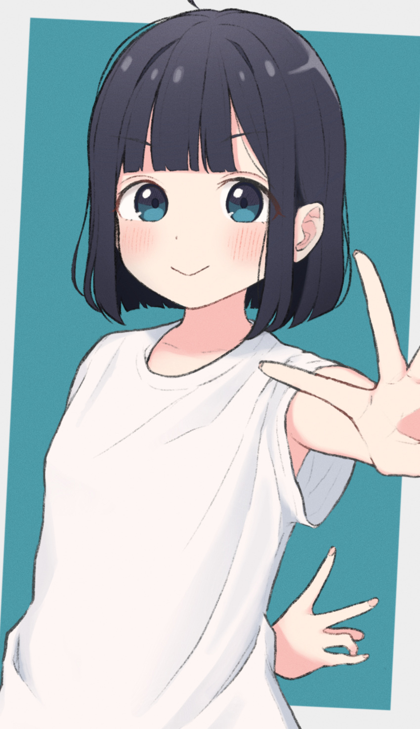 1girl 1ssakawaguchi :&gt; absurdres black_hair blue_eyes blush bob_cut highres original outstretched_arm shirt short_hair smile solo t-shirt v