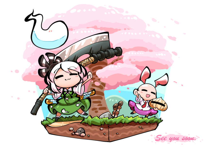 2girls animal_ears bald bow bunny_ears buttons chibi dark_souls_iii dress hair_bow hairband helmet holding holding_weapon kashuu_(b-q) konpaku_youmu konpaku_youmu_(ghost) mole_(animal) multiple_girls mushroom necktie onion_knight purple_hair reisen_udongein_inaba rock sheath sheathed silver_hair souls_(from_software) sword touhou tree waving weapon weapon_on_back yhorm's_great_machete_(weapon) |3