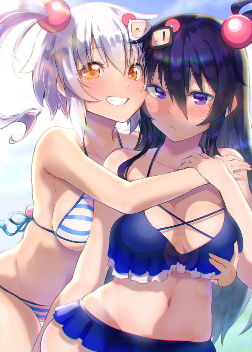 2girls ^_^ amo_takumi bangs bikini bikini_skirt black_bomberman black_hair blue_bikini blush bombergirl bomberman breast_grab breasts cheek-to-cheek cleavage closed_eyes closed_mouth collarbone ear_blush eyebrows_visible_through_hair frilled_bikini frills frown grabbing grabbing_from_behind grin groin hair_between_eyes hair_ornament hand_on_shoulder highres kuro_(bombergirl) large_breasts leaning_forward long_hair looking_at_viewer midriff multiple_girls navel one_eye_closed orange_eyes purple_eyes shiro_(bombergirl) shirt_overhang side_ponytail sidelocks smile string_bikini striped striped_bikini sunlight sweatdrop swimsuit teeth white_bikini white_bomberman white_hair wide_hips yuri