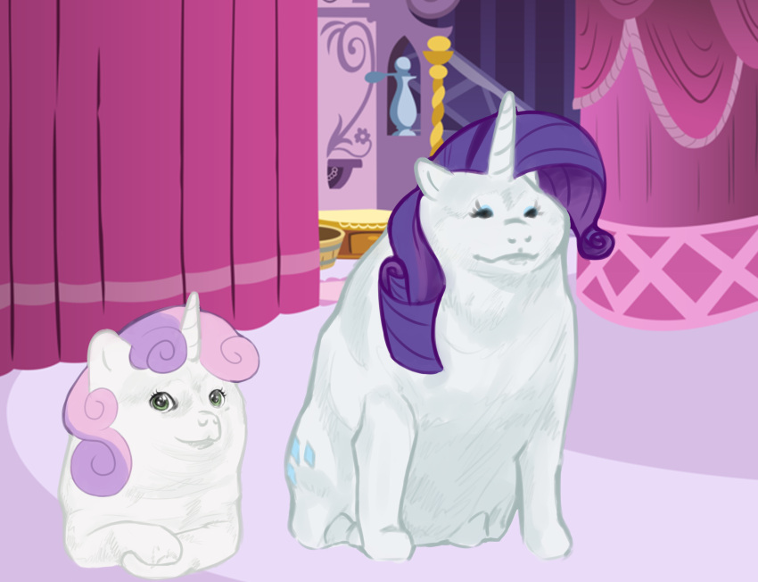 clothing coat cutie_mark cutie_mark_crusaders_(mlp) doge duo equid equine female feral friendship_is_magic general_proton green_eyes hands_together hi_res horn horse looking_at_viewer looking_away mammal mane meme multicolored_mane my_little_pony pink_mane pony purple_mane rarity_(mlp) sitting sweetie_belle_(mlp) topwear uncle_murphy unicorn white_clothing white_coat white_topwear