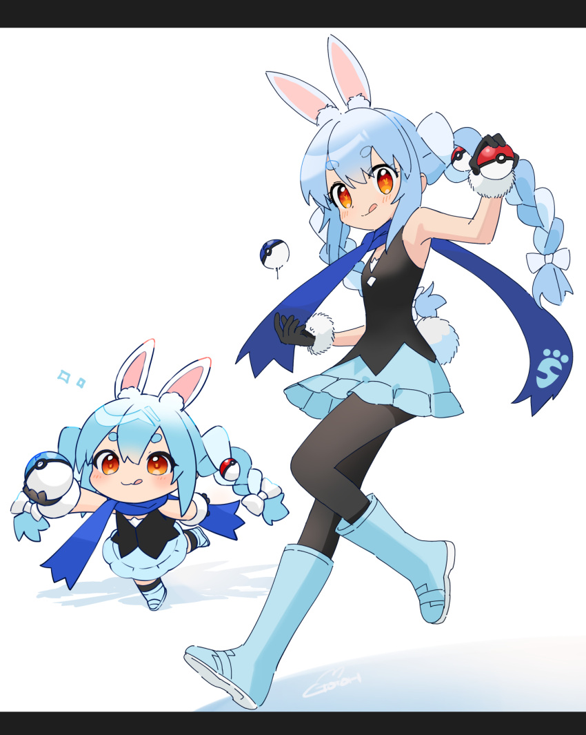 animal_ears black_legwear black_shirt blue_footwear blue_hair blue_scarf blue_skirt boots bow braid chibi cosplay dawn_(pokemon) dawn_(pokemon)_(cosplay) gotou_(nekocat) hair_bow highres holding holding_poke_ball hololive pantyhose poke_ball poke_ball_hair_ornament pokemon pokemon_(game) pokemon_bdsp rabbit_ears rabbit_girl rabbit_tail red_eyes scarf shirt short_eyebrows skirt tail thick_eyebrows tongue tongue_out twin_braids usada_pekora virtual_youtuber white_bow