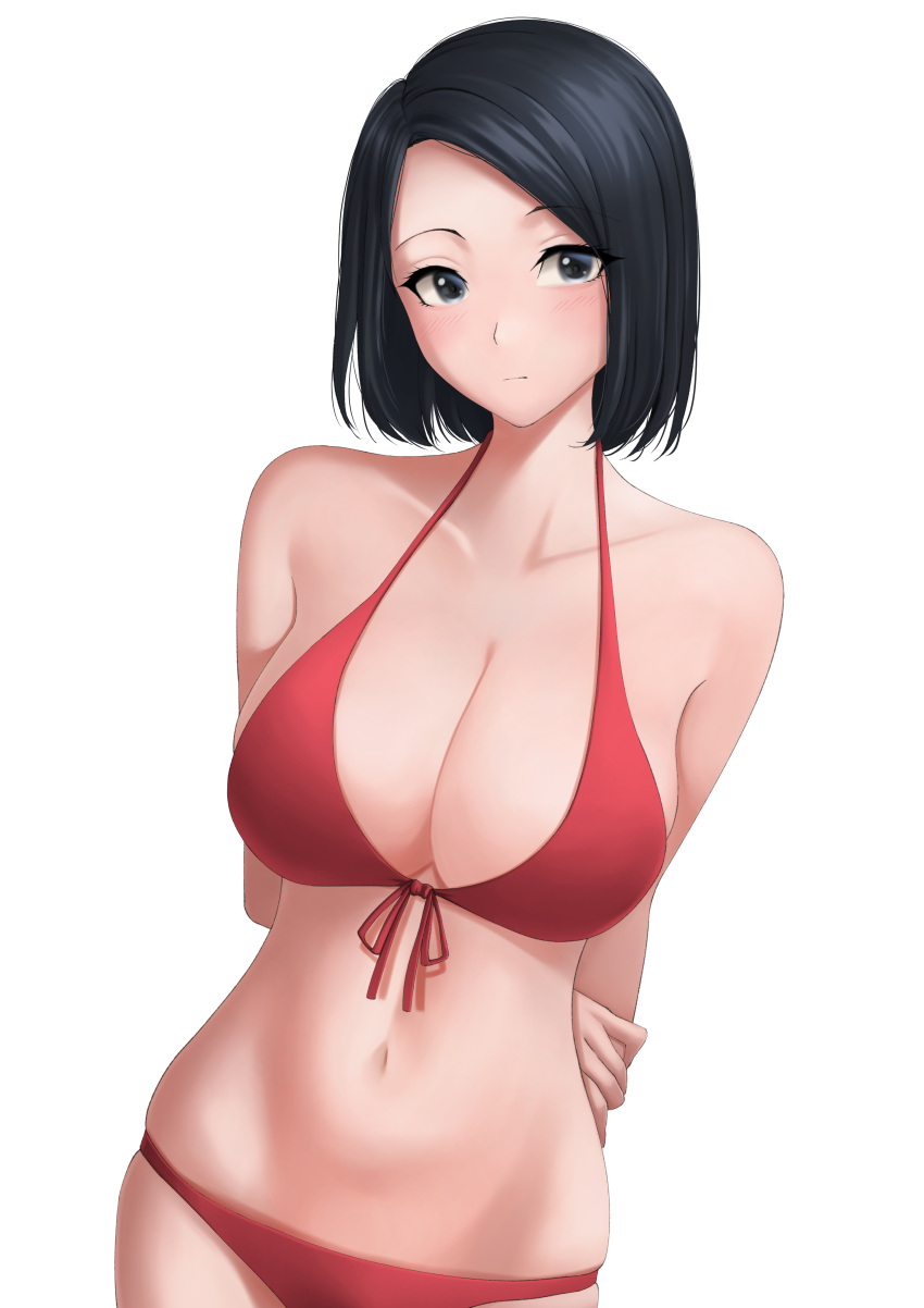 1girl absurdres arms_behind_back bangs bare_shoulders bikini black_hair blush breasts cleavage closed_mouth contrapposto cowboy_shot expressionless eyebrows_behind_hair forehead front-tie_bikini front-tie_top grey_eyes halter_top halterneck head_tilt highres large_breasts linea_alba looking_at_viewer lowleg lowleg_bikini midriff navel original red_bikini satyarizqy short_hair simple_background skindentation solo swept_bangs swimsuit