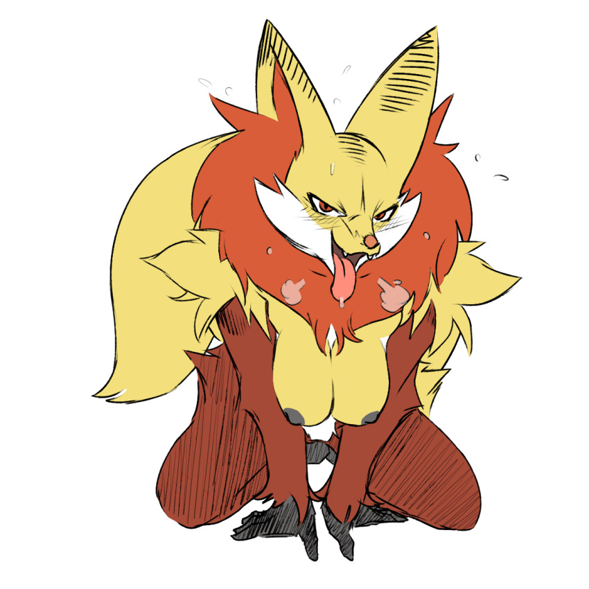 anthro black_body black_fur bodily_fluids breasts breath canid canine colored delphox edit fangs female fluffy fluffy_tail fur hi_res kneeling looking_at_viewer mammal multicolored_body multicolored_fur naughty_face nintendo nipples open_mouth open_smile plagueofgripes pok&eacute;mon pok&eacute;mon_(species) red_body red_eyes red_fur simple_background smile solo sweat teeth third-party_edit tongue tongue_out video_games white_background yellow_body yellow_fur