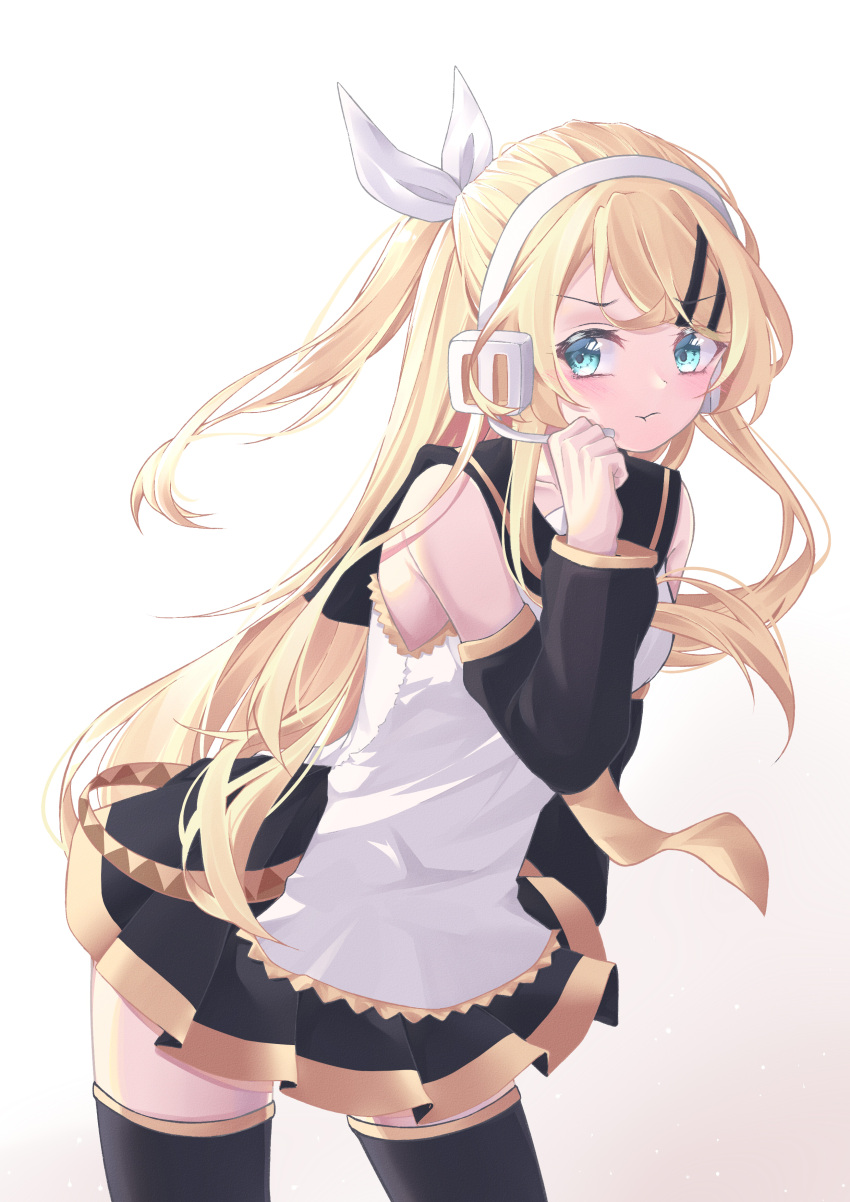 1girl absurdres alternate_hair_length alternate_hairstyle bare_shoulders black_skirt blonde_hair blue_eyes blush bow breasts closed_mouth collarbone contrapposto cowboy_shot detached_sleeves eyebrows_visible_through_hair frown future_style_(module) gradient gradient_background hair_bow hair_ornament hairclip headset highres kagamine_rin long_hair looking_away medium_breasts microphone necktie older pleated_skirt ponytail pout rjnf4437 sailor_collar shirt sidelocks sideways_glance skirt sleeveless sleeveless_shirt solo thighhighs vocaloid white_shirt yellow_neckwear zettai_ryouiki