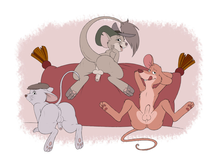 absurd_res anthro anus ass_up balls basil_(disney) bernard_(the_rescuers) butt clothing crouching detective disney don_bluth embarrassed genitals great group hat hat_only headgear headgear_only headwear headwear_only hi_res hole_(anatomy) humanoid_genitalia humanoid_penis jake_(the_rescuers) kamikazetiger macropod male male/male mammal marsupial mostly_nude mouse murid murine nude penis pillow presenting rodent smile spread_legs spreading the_great_mouse_detective the_rescuers_(disney) the_rescuers_down_under tongue tongue_out wallaby