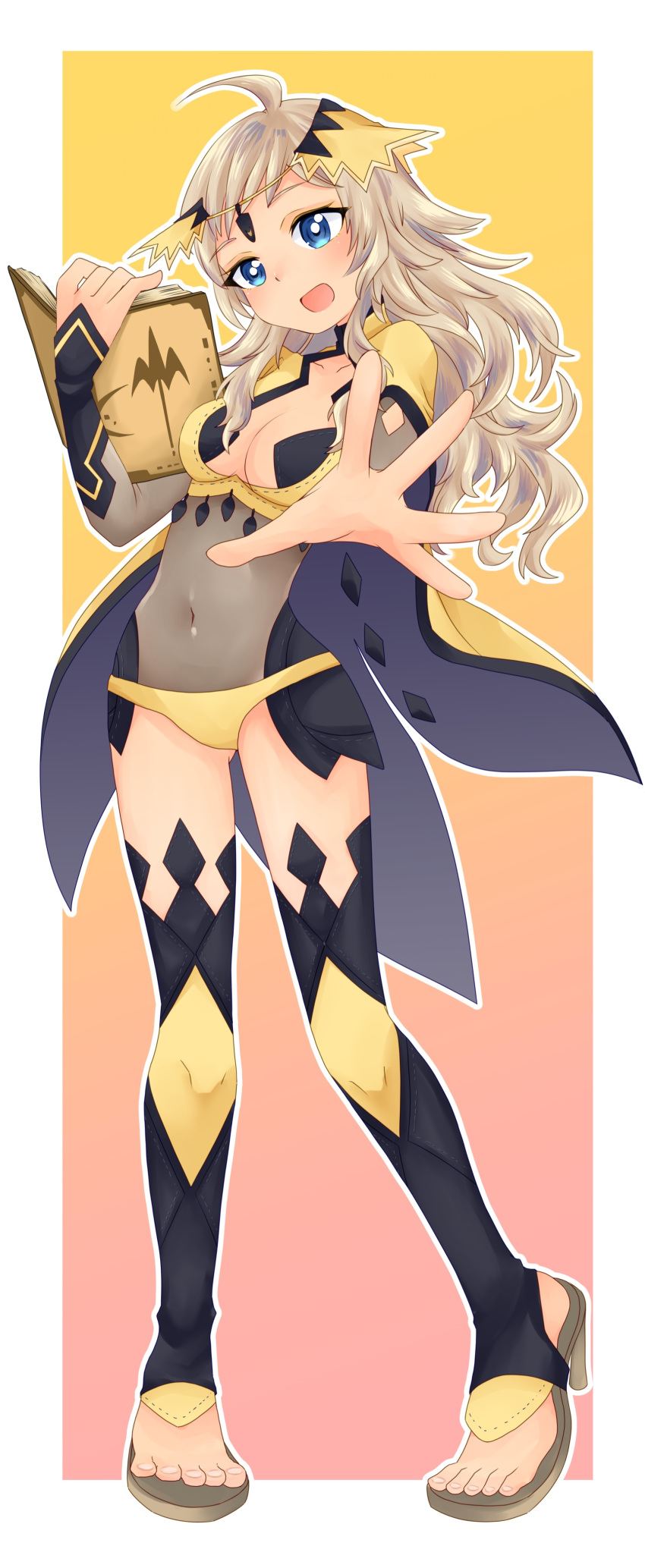 1girl absurdres ahoge blonde_hair blue_eyes bodystocking breasts bridal_gauntlets cape circlet commission covered_navel feet fire_emblem fire_emblem_fates full_body high_heels highres holding holding_weapon kokonotsu_(mozu) long_hair medium_breasts open_mouth ophelia_(fire_emblem) outstretched_arm simple_background skeb_commission stirrup_legwear thighhighs toeless_legwear turtleneck weapon