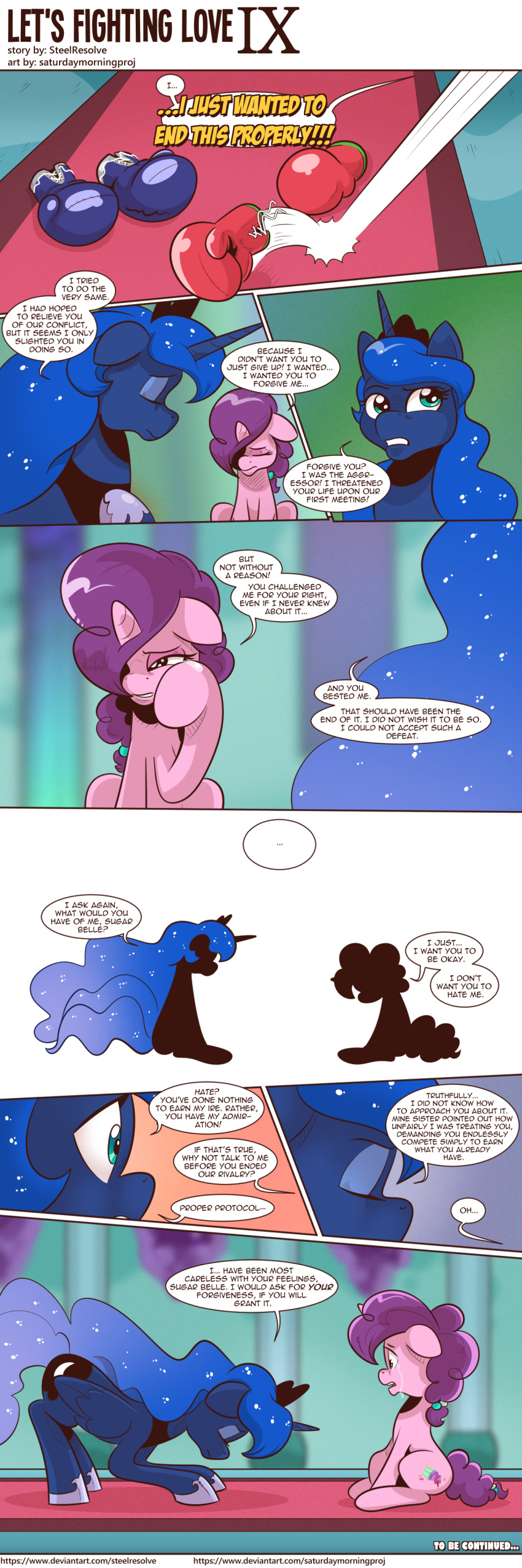 absurd_res blue_eyes blue_hair bowing boxing_gloves clothing comic dialogue english_text equid equine ethereal_hair ethereal_tail friendship_is_magic hair handwear hi_res horn mammal my_little_pony princess_luna_(mlp) purple_eyes saturdaymorningproj sparkles sugar_belle_(mlp) text unicorn winged_unicorn wings