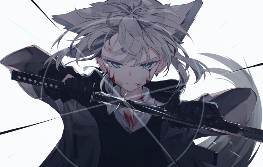 animal_ears blood blue_eyes close gloves gray_hair katana nagishiro_mito original polychromatic shirt sword tail weapon