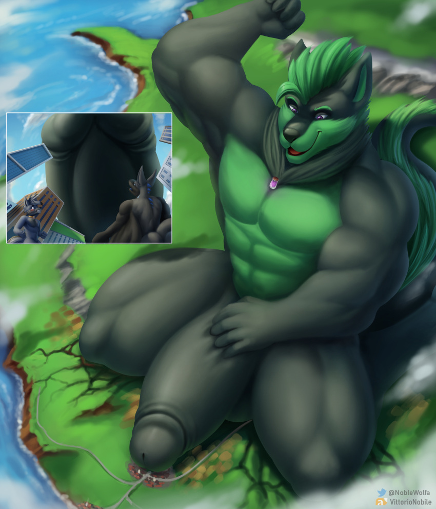 absurd_res anthro balls big_penis black_body black_fur black_nose building canid canine city destruction dragon erection fur genitals green_body green_fur grey_body grey_fur group hi_res huge_penis hybrid hyper hyper_genitalia hyper_penis macro male mammal muscular muscular_anthro muscular_male penis purple_eyes roads shadow solo_focus vittorionobile