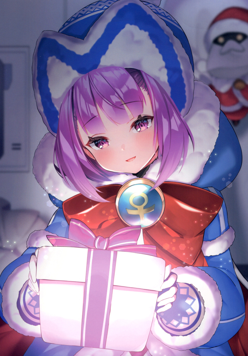 1girl absurdres blue_coat blue_dress blue_footwear blue_gloves blue_headwear blush bow breasts coat dress fate/extella fate/extra fate/grand_order fate/grand_order_arcade fate_(series) fur-trimmed_coat fur-trimmed_dress fur_trim gloves hat helena_blavatsky_(christmas)_(fate) helena_blavatsky_(fate) highres large_bow long_sleeves looking_at_viewer open_mouth pantyhose purple_eyes purple_hair red_bow sack short_hair sitting small_breasts smile suzuho_hotaru
