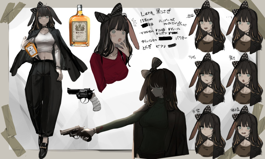 1girl :o @_@ aiming alcohol black_bow black_hair black_jacket black_pants blood bloody_clothes blush blush_stickers bottle bow brown_shirt closed_mouth collarbone disgust exasperation expression_chart eyebrows_visible_through_hair gun hair_bow highres holding holding_bottle holding_gun holding_weapon jacket jacket_on_shoulders light_brown_hair long_hair looking_at_viewer midriff multicolored_hair multiple_views narue navel open_mouth original pants polka_dot polka_dot_bow red_shirt revolver serious shirt streaked_hair striped striped_bow suit_jacket surprised suspenders sweat symbol_commentary translation_request weapon whiskey white_shirt wide-eyed