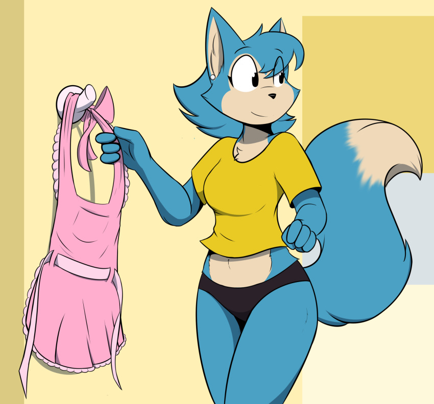 4_fingers anthro apron black_nose blue_body blue_fur blue_hair breasts clothed clothing digital_media_(artwork) ear_piercing female fingers fur hair hi_res infinitedge2u panties piercing smile underwear