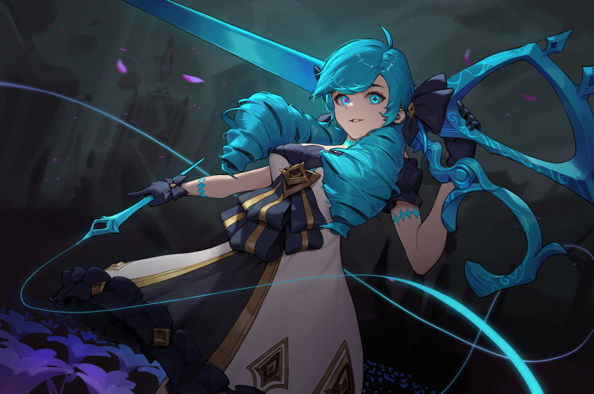 +_+ 1girl absurdres blue_hair blue_pupils checkered checkered_legwear cotta_(heleif) dress drill_hair gwen_(league_of_legends) highres holding holding_needle holding_scissors league_of_legends long_hair looking_at_viewer needle oversized_object parted_lips pink_pupils scar_on_neck scissors solo stitched_neck stitches thread