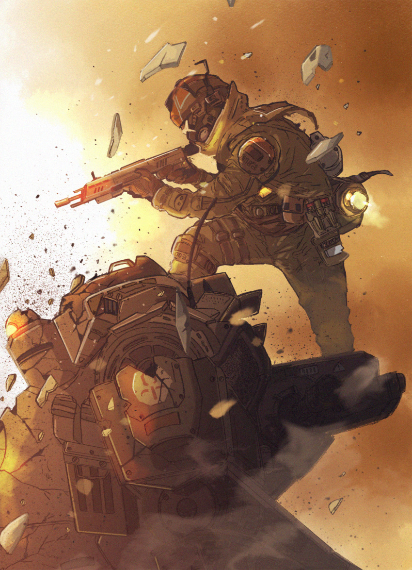 1boy aiming atlas_(titanfall) beige_scarf black_gloves from_side gloves gun helmet highres holding holding_gun holding_weapon mecha on_mecha orange_eyes science_fiction standing tajima_(minagawa) titanfall titanfall_(series) visor weapon