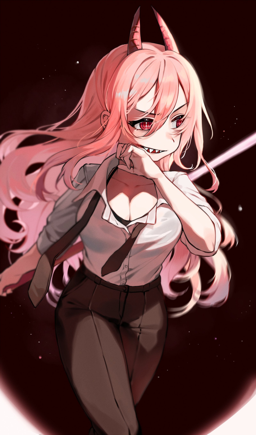 +_+ 1girl absurdres black_bra blood blood_on_face blurry bra breasts chainsaw_man cleavage depth_of_field dress_shirt hair_between_eyes highres horns large_breasts long_hair loose_necktie necktie pants pink_hair power_(chainsaw_man) red_eyes scythe sharp_teeth shirt sidelocks simple_background sleeves_folded_up solo standing teeth underwear useq1067 wiping_mouth