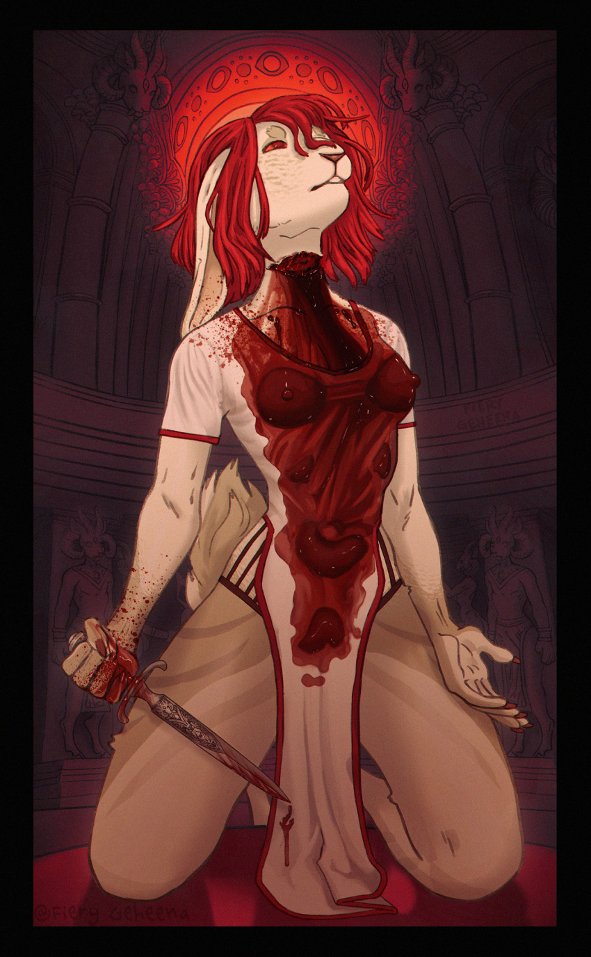 anthro blood blood_covered blood_on_arm blood_on_clothing blood_on_hand blood_on_neck blood_on_weapon bodily_fluids bottomwear breasts church clothing costume female fierygeheena gore hair hi_res knife lagomorph leporid mammal rabbit red_eyes red_hair sculpture solo statue topwear wet wet_bottomwear wet_clothing wet_topwear white_body