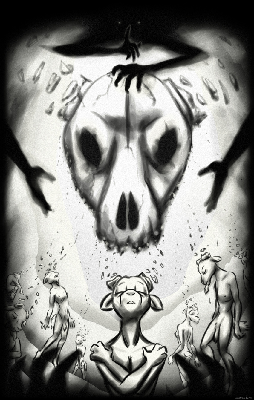 anthro bassybefuddle bone bovid breasts caprine eyes_closed female flaccid genitals goat grainy group hi_res horn looking_at_viewer male male/female mammal monochrome nipples penis shadow_creature shush sitting skull spooky_(disambiguation) standing