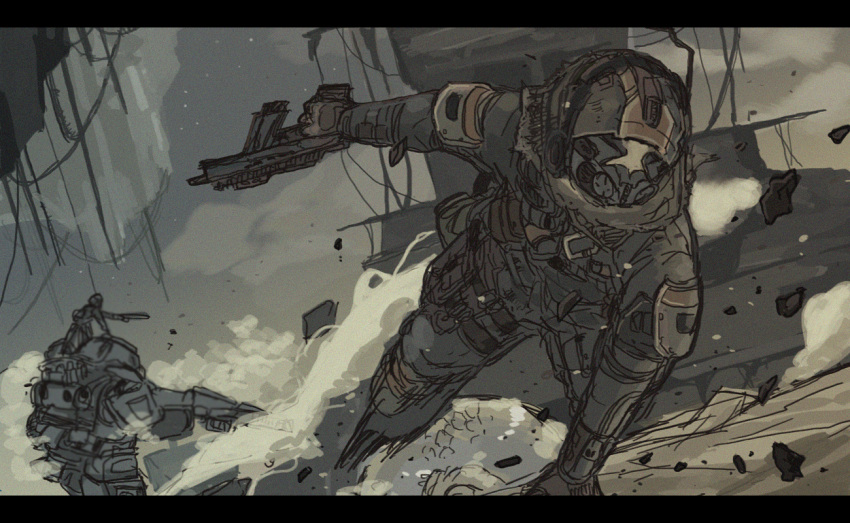 armor atlas_(titanfall) beige_scarf gun hand_on_ground helmet holding holding_gun holding_weapon leaning_forward mecha r-97_smg radio_antenna science_fiction sketch submachine_gun tajima_(minagawa) titanfall titanfall_(series) visor weapon