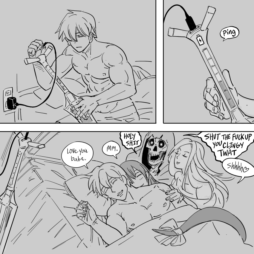 2boys 2girls bb_(baalbuddy) bed charger closed_eyes collarbone couple dizzy_(guilty_gear) greyscale guilty_gear hetero highres husband_and_wife ky_kiske long_hair monochrome multiple_boys multiple_girls necro_(guilty_gear) nipples pectorals pillow profanity short_hair sleeping speech_bubble sword tail tail_wrap undine_(guilty_gear) weapon