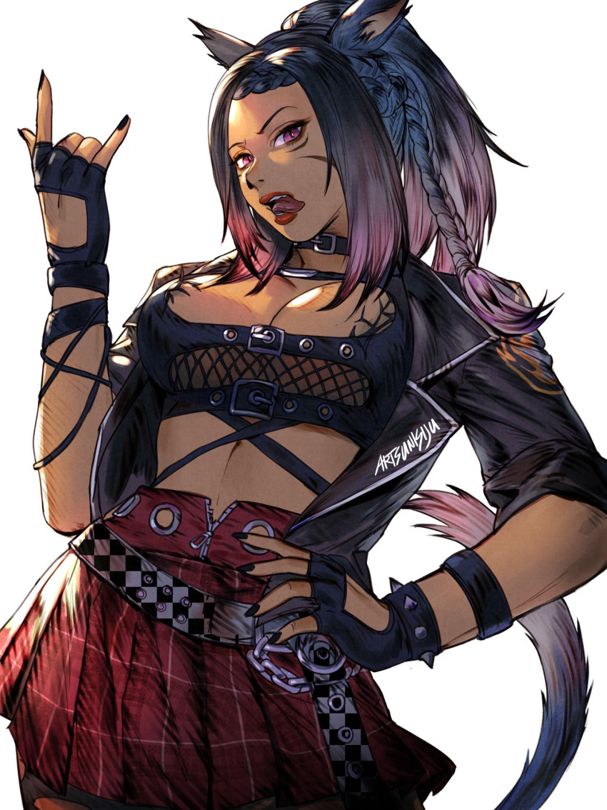 1girl angry animal_ears belt black_nails braid breasts cat_ears chain choker cleavage english_commentary fangs final_fantasy final_fantasy_xiv fingerless_gloves gloves hand_on_hip highres jacket leather leather_jacket looking_at_viewer miniskirt miqo'te multicolored_hair open_clothes open_jacket open_mouth plaid plaid_skirt ponytail purple_eyes purple_hair simon_jude skirt slit_pupils solo striped studded_gloves tail tongue tongue_out