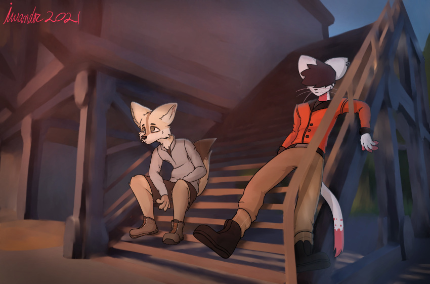 absurd_res animal_humanoid anthro canid canid_humanoid canine canine_humanoid cat_humanoid clothed clothing duo felid felid_humanoid feline feline_humanoid fennec fennec_humanoid fox fox_humanoid fully_clothed hi_res humanoid iwondery lucky_(iwondery) male mammal mammal_humanoid serval serval_humanoid skinny slim sunset