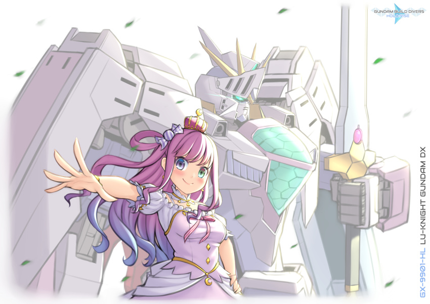 1girl after_war_gundam_x aqua_eyes blue_hair blush breasts candy_hair_ornament character_name copyright_name crown dress food_themed_hair_ornament fusion glowing glowing_eye gradient_hair graze_ritter green_eyes gundam gundam_double_x gundam_tekketsu_no_orphans hair_behind_ear hair_ornament hair_rings hand_on_hip heterochromia highres himemori_luna holding holding_sword holding_weapon hololive knight_gundam logo_parody looking_at_viewer mecha medium_breasts mobile_suit multicolored_hair parody pinguinkotak princess purple_dress purple_eyes purple_hair science_fiction sd_gundam_gaiden smile sword title_parody upper_body v-fin v-shaped_eyebrows weapon