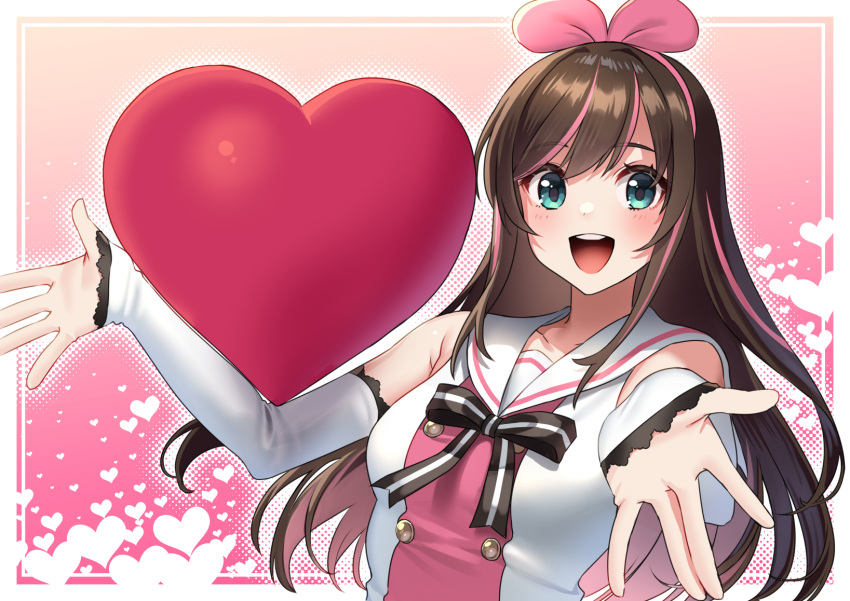 1girl akagi_kurage bangs blue_eyes blush breasts brown_hair detached_sleeves eyebrows_visible_through_hair hairband heart highres kizuna_ai kizuna_ai_inc. long_hair multicolored_hair open_mouth pink_hair pink_hairband sailor_collar simple_background solo streaked_hair upper_body virtual_youtuber white_sailor_collar