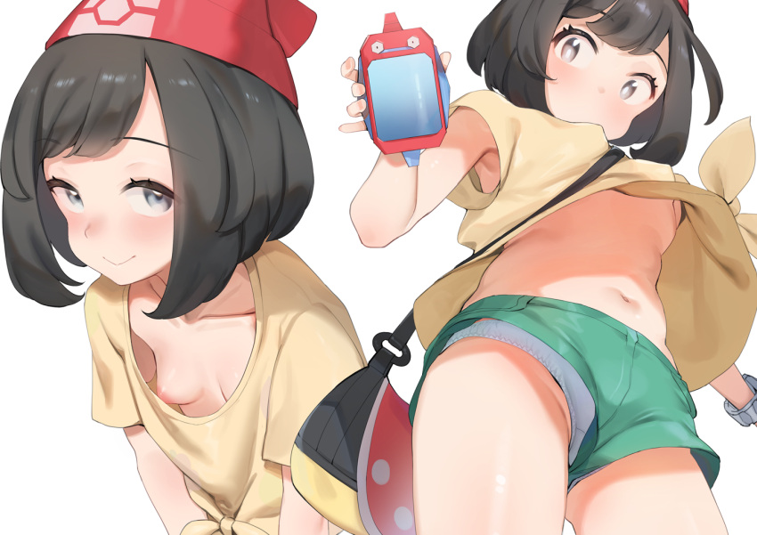 1girl armpits bag bangs beanie black_eyes black_hair blush breasts collarbone commentary_request djheycha eyebrows_visible_through_hair gen_1_pokemon green_shorts hat holding leaning_forward looking_at_viewer medium_hair navel nipples no_bra panties pokemon pokemon_(game) pokemon_masters_ex pokemon_sm porygon poryphone red_headwear selene_(pokemon) shirt short_shorts short_sleeves shorts shoulder_bag simple_background small_breasts smile thighs tied_shirt underwear upshirt upshorts white_background white_panties yellow_shirt z-ring