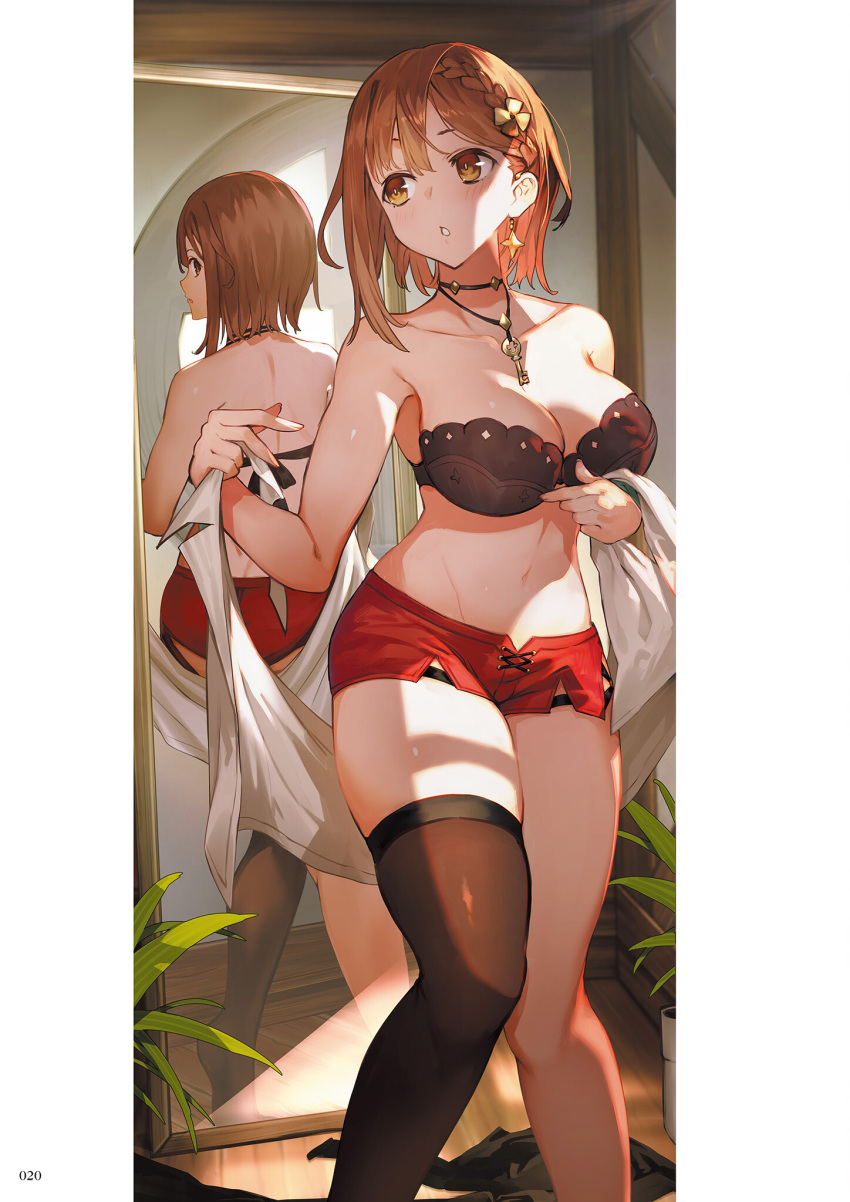 1girl atelier_(series) atelier_ryza atelier_ryza_2 bangs bare_arms bare_shoulders black_bra black_legwear blush bra braid breasts brown_eyes brown_hair cleavage collarbone day earrings fingernails hair_ornament hairclip highres holding indoors jewelry key medium_breasts mirror navel necklace official_art page_number parted_lips plant red_shorts reflection reisalin_stout shiny shiny_clothes shiny_hair shiny_skin short_hair shorts simple_background single_thighhigh solo stomach thighhighs thighs tied_hair toridamono underwear