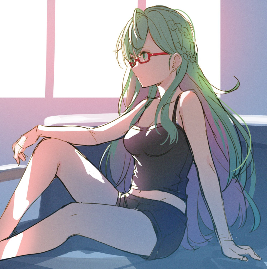 1girl bare_arms bare_shoulders black_camisole black_shorts braid breasts camisole cleavage closed_mouth feet_out_of_frame from_side glasses green_eyes green_hair highres indoors knee_up long_hair looking_away medium_breasts meito_(maze) morinaka_kazaki multicolored_hair navel nijisanji pink_hair red-framed_eyewear semi-rimless_eyewear short_shorts shorts solo two-tone_hair under-rim_eyewear very_long_hair virtual_youtuber window