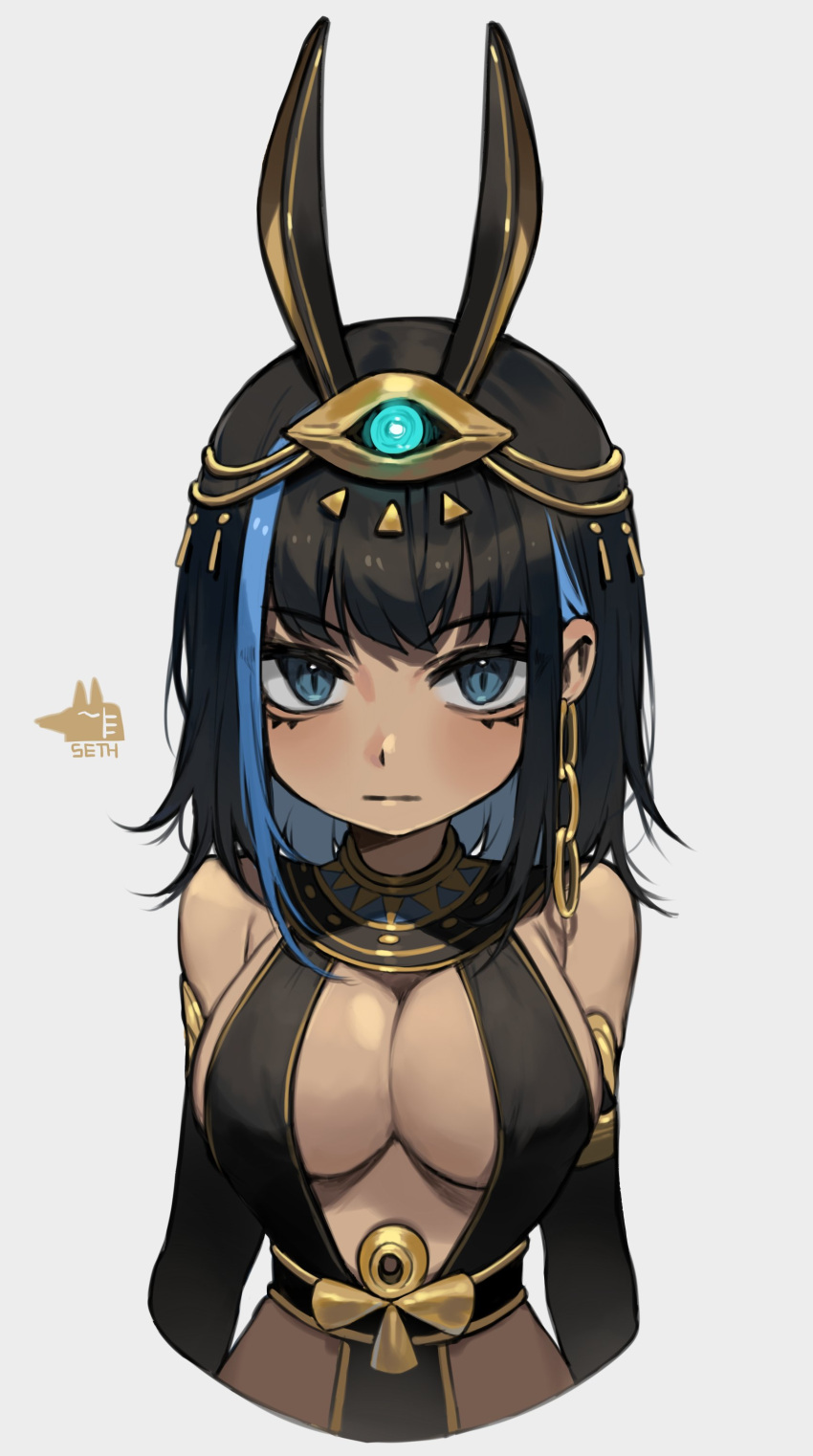 1girl absurdres animal_ears arms_at_sides black_gloves black_hair blue_eyes blue_hair breasts cleavage closed_mouth commission cropped_torso dark_skin earrings egyptian_clothes egyptian_mythology elbow_gloves english_commentary gloves grey_background hair_ornament highres jewelry large_breasts looking_at_viewer medium_hair multicolored_hair pelvic_curtain set_(mythology) sidelocks simple_background solo streaked_hair useq1067