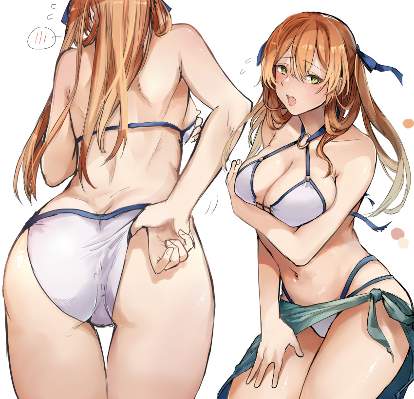 1girl absurdres adjusting_clothes adjusting_swimsuit arm_under_breasts ass back bikini blue_ribbon blush breasts cleavage flying_sweatdrops from_behind girls_frontline green_eyes hair_between_eyes hand_on_own_thigh highres kyoyakyo large_breasts long_hair m1903_springfield_(girls_frontline) multiple_views navel ribbon sarong solo spoken_blush swimsuit wardrobe_malfunction white_background white_bikini