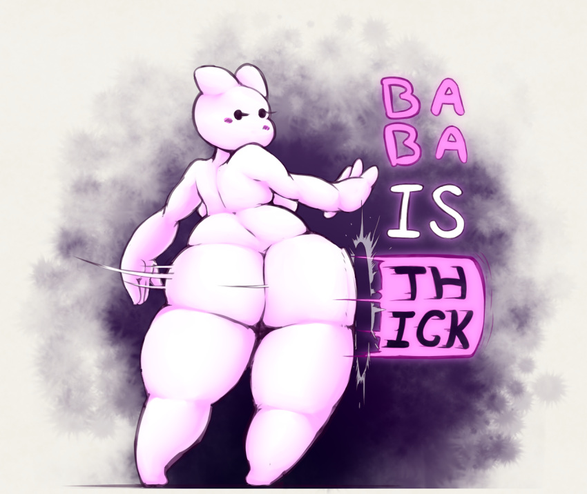 2019 4_fingers anthro baba baba_is_you beady_eyes big_butt big_hands blush bovid breasts butt butt_bump caprine english_text eyelashes female fingers full-length_portrait fur huge_butt looking_back mammal motion_lines mouthless nude portrait rear_view short_stack solo standing text thick_thighs twistedlilheart video_games white_body white_fur wide_hips