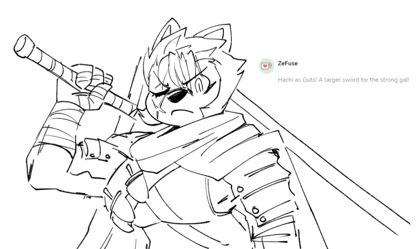 2021 4_fingers anaugi anthro armor ask_blog berserk black_and_white canid canine canis cape clothing domestic_dog english_text female fingers guts_(berserk) hachimitsu hair holding_object holding_sword holding_weapon mammal mechanical_arm melee_weapon monochrome muscular muscular_female one_eye_closed scar short_hair simple_background sketch solo sword text weapon white_background