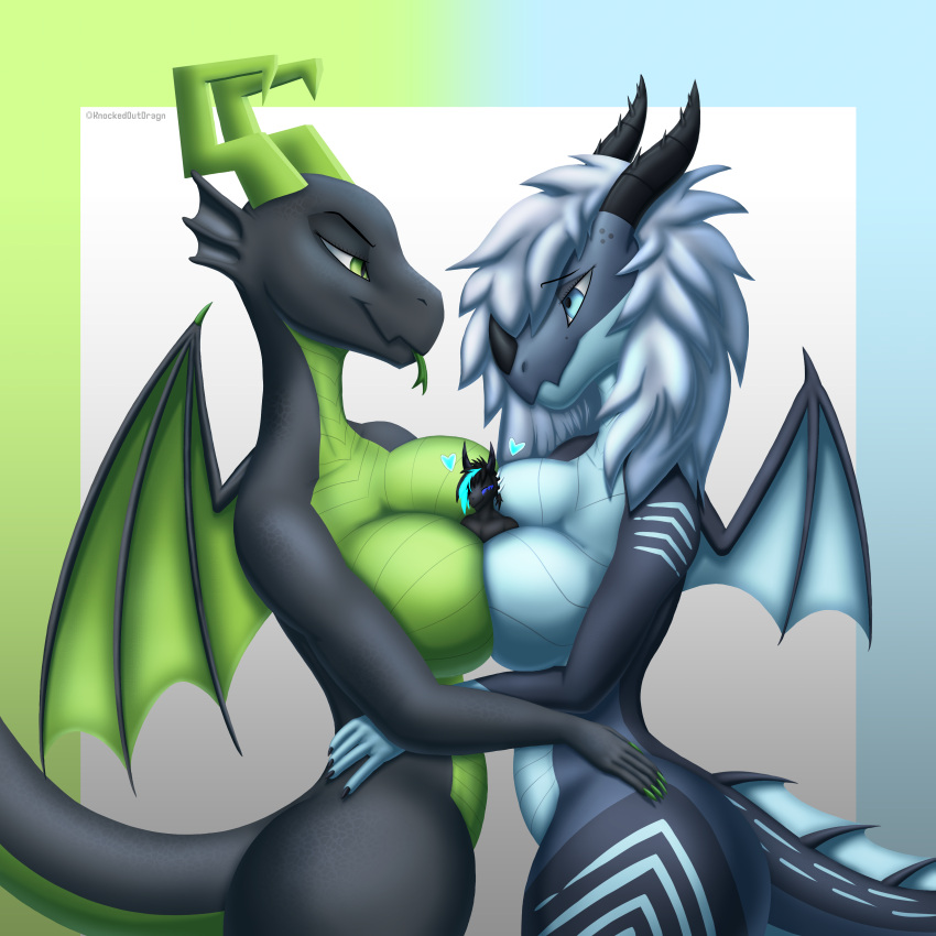 1:1 absurd_res anthro big_breasts black_body blue_body blue_eyes blue_heart breast_squish breasts colored_nails curvy_figure digital_media_(artwork) dragon eye_contact female female/female gradient_background green_body green_eyes green_nails green_scales green_tongue group hair hand_on_hip hi_res kaya_(knockedoutdragon) knockedoutdragon looking_at_another male male/female membrane_(anatomy) membranous_wings micro nails nira_(unrealcereal) scales scalie simple_background size_difference squish thick_thighs tongue unknown_character unrealcereal western_dragon white_hair wings