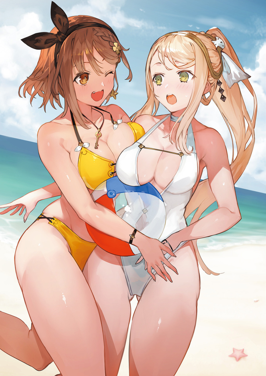 2girls ass_visible_through_thighs atelier_(series) atelier_ryza atelier_ryza_2 ball bangs bare_shoulders beach beachball bikini blonde_hair blue_sky blush bracelet braid breast_press breasts brown_eyes brown_hair cloud cloudy_sky collarbone day green_eyes hair_ornament hairband highres jewelry key klaudia_valentz long_hair medium_breasts multiple_girls necklace ocean official_art one-piece_swimsuit one_eye_closed open_mouth outdoors ponytail reisalin_stout see-through shiny shiny_skin sky smile starfish swimsuit thighs tied_hair toridamono water white_swimsuit yellow_bikini