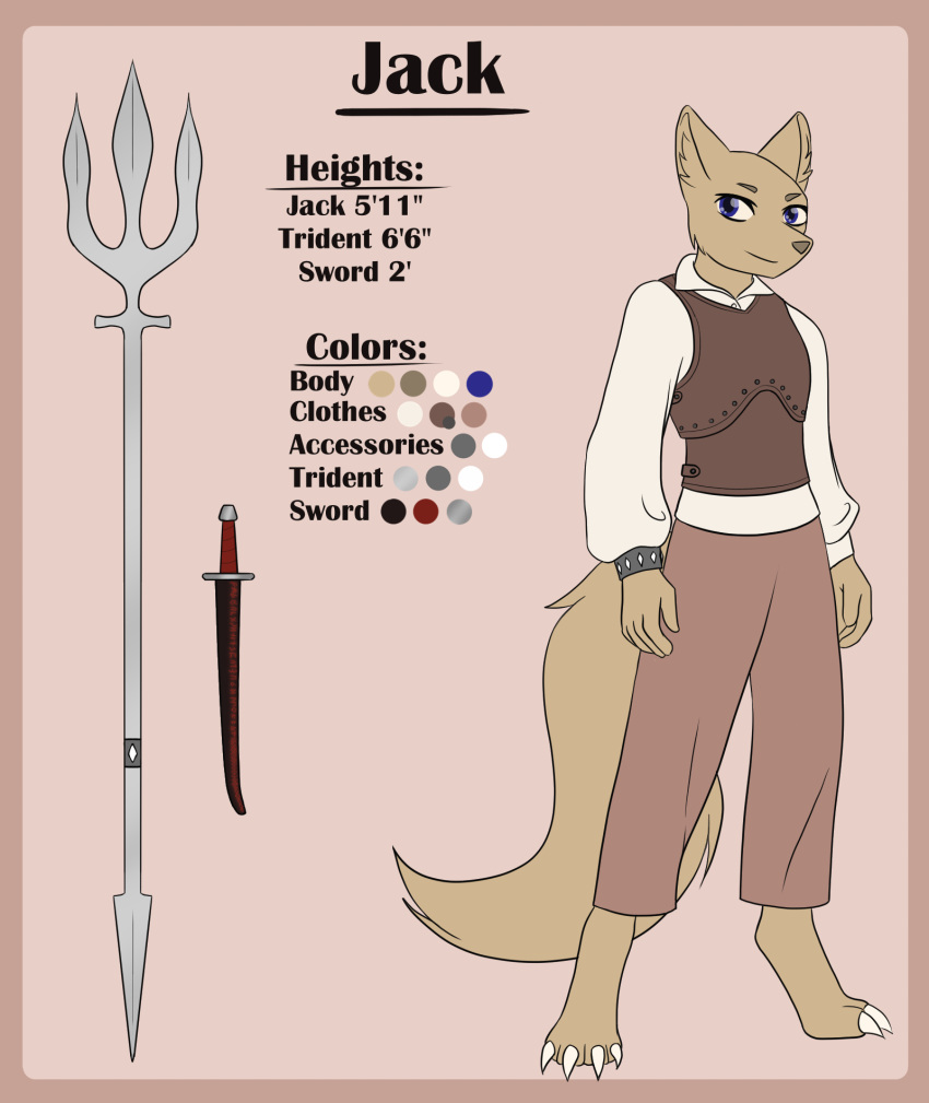 anthro armor blue_eyes bottomwear bracelet canid canine canis clothed clothing fur hi_res jack_(jackwolf) jewelry larasilvestris leather leather_armor male mammal melee_weapon model_sheet pants polearm shirt solo sword tan_body tan_fur topwear trident weapon wolf
