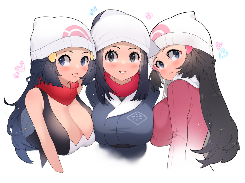 3girls alternate_breast_size beanie black_hair breasts cleavage dawn_(pokemon) dual_persona eyelashes female_protagonist_(pokemon_legends:_arceus) hat head_scarf highres large_breasts light_blush multiple_girls poke_ball_symbol pokemon pokemon_(game) pokemon_dppt pokemon_legends:_arceus pokemon_platinum red_scarf scarf sleeveless smile sumisumii upper_body white_headwear