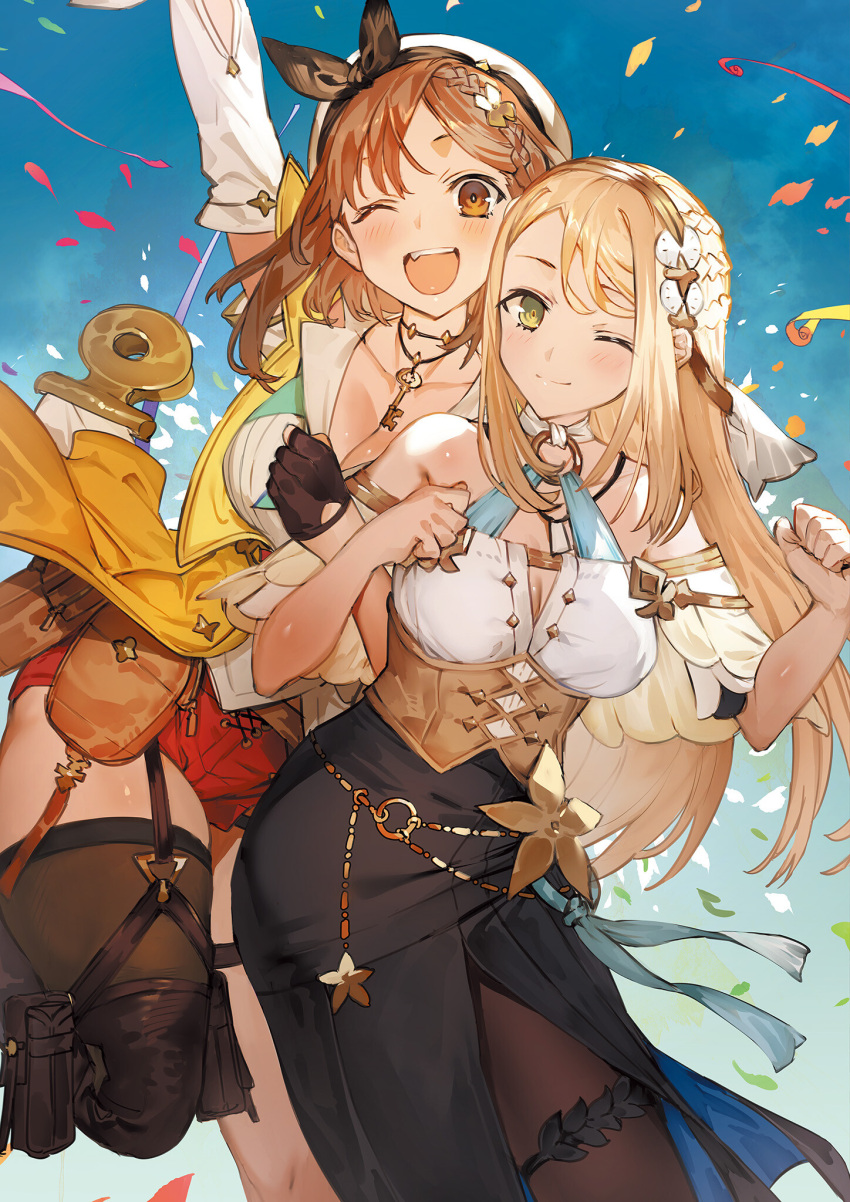 2girls arm_up atelier_(series) atelier_ryza atelier_ryza_2 bangs belt belt_pouch beret black_legwear blonde_hair blue_sky blush braid breasts brown_eyes brown_hair cleavage confetti day dress eyebrows_visible_through_hair fingerless_gloves garter_straps gloves green_eyes hair_ornament hairclip hat highres jewelry key klaudia_valentz long_hair looking_at_viewer medium_breasts multiple_girls necklace official_art one_eye_closed open_mouth outdoors pantyhose petals pouch red_shorts reisalin_stout short_hair shorts simple_background skirt sky smile thigh_strap thighhighs thighs tied_hair toridamono