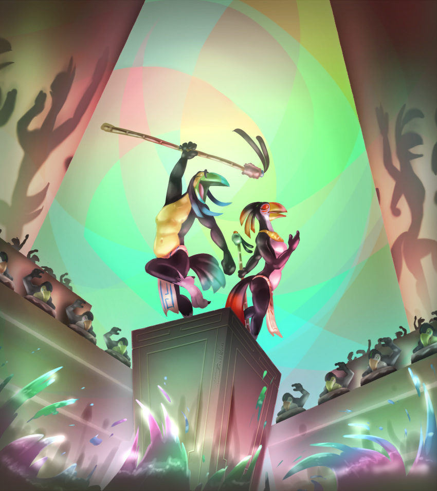 abstract_background anthro avian bassybefuddle bird bottomwear clothing dancing drum duo duo_focus featureless_chest female group hi_res loincloth male musical_instrument navel percussion_instrument psychedelic_background rainbow_water shadow singing splashing_water staff toucan tribal water