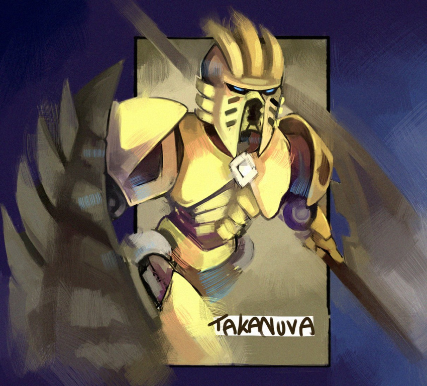 2020 alien ambiguous_gender armor bionicle blue_eyes digital_drawing_(artwork) digital_media_(artwork) fingers gold_body holding_object holding_weapon humanoid lego machine mask melee_weapon mouthless nerdthatdraws not_furry polearm purple_background robot shield simple_background spear standing takanuva text toa weapon