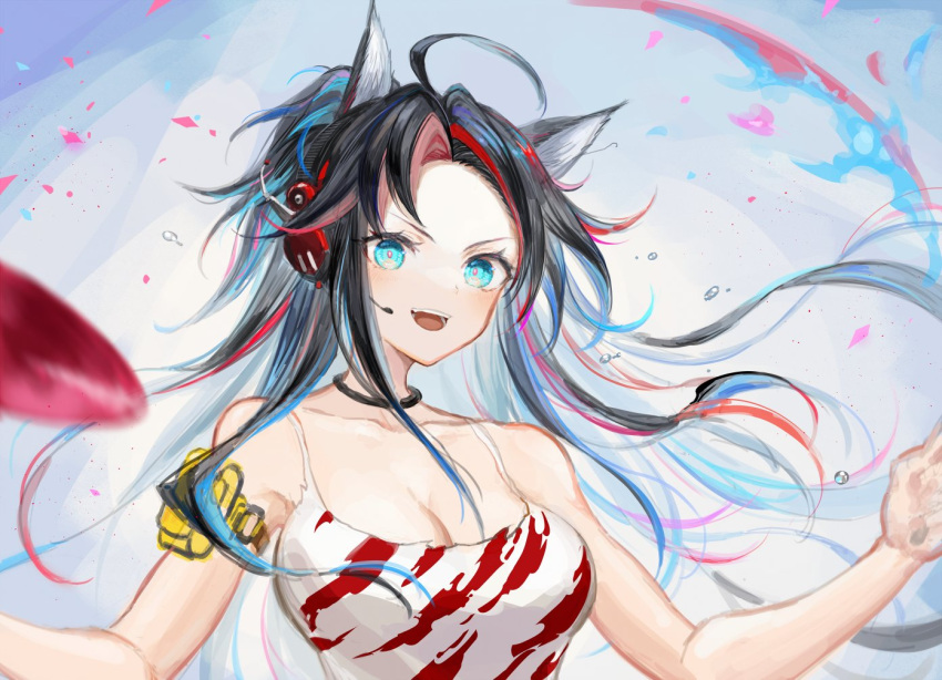 1girl :d ahoge animal_ears arknights bare_arms bare_shoulders black_hair blaze_(arknights) blaze_(burst_feline)_(arknights) blue_eyes blush breasts camisole cat_ears cleavage commentary forehead long_hair looking_at_viewer medium_breasts official_alternate_costume open_mouth smile solo spacelongcat spaghetti_strap upper_body