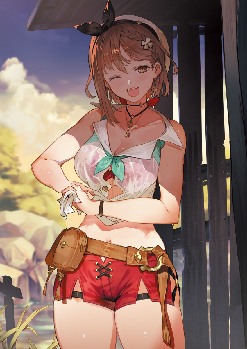 1girl atelier_(series) atelier_ryza atelier_ryza_2 bare_shoulders belt belt_pouch beret blue_sky blurry blurry_background blush bra bracelet braid breasts brown_eyes brown_hair cleavage cloud cloudy_sky collarbone earrings fingernails hair_ornament hairclip hat head_tilt highres jewelry key looking_at_viewer medium_breasts midriff navel necklace official_art one_eye_closed open_mouth outdoors pouch red_shorts reisalin_stout see-through shiny shiny_hair shiny_skin shorts sky sleeveless smile solo stomach thighs tied_hair toridamono underwear water water_drop wet wet_clothes