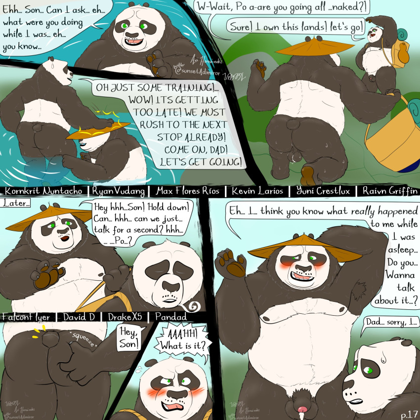 2021 anthro ari_guardian balls black_body black_fur blush butt clothing comic dreamworks duo english_text eyes_closed flaccid fur genitals giant_panda green_eyes hat headgear headwear hi_res humanoid_genitalia humanoid_hands humanoid_penis kung_fu_panda li_shan_(kung_fu_panda) male mammal master_po_ping outside overweight overweight_male penis spanking text ursid water white_body white_fur