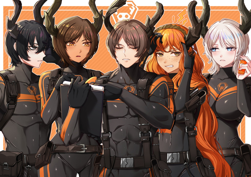 2boys 3girls asdf_(rokiru08) black_hair blue_eyes breasts brown_hair clipboard closed_eyes dark-skinned_female dark_skin fake_antlers faust_(project_moon) highres holding holding_clipboard ishmael_(project_moon) library_of_ruina limbus_company multiple_boys multiple_girls orange_hair outis_(project_moon) project_moon rudolph_(project_moon) white_hair yi_sang_(project_moon)