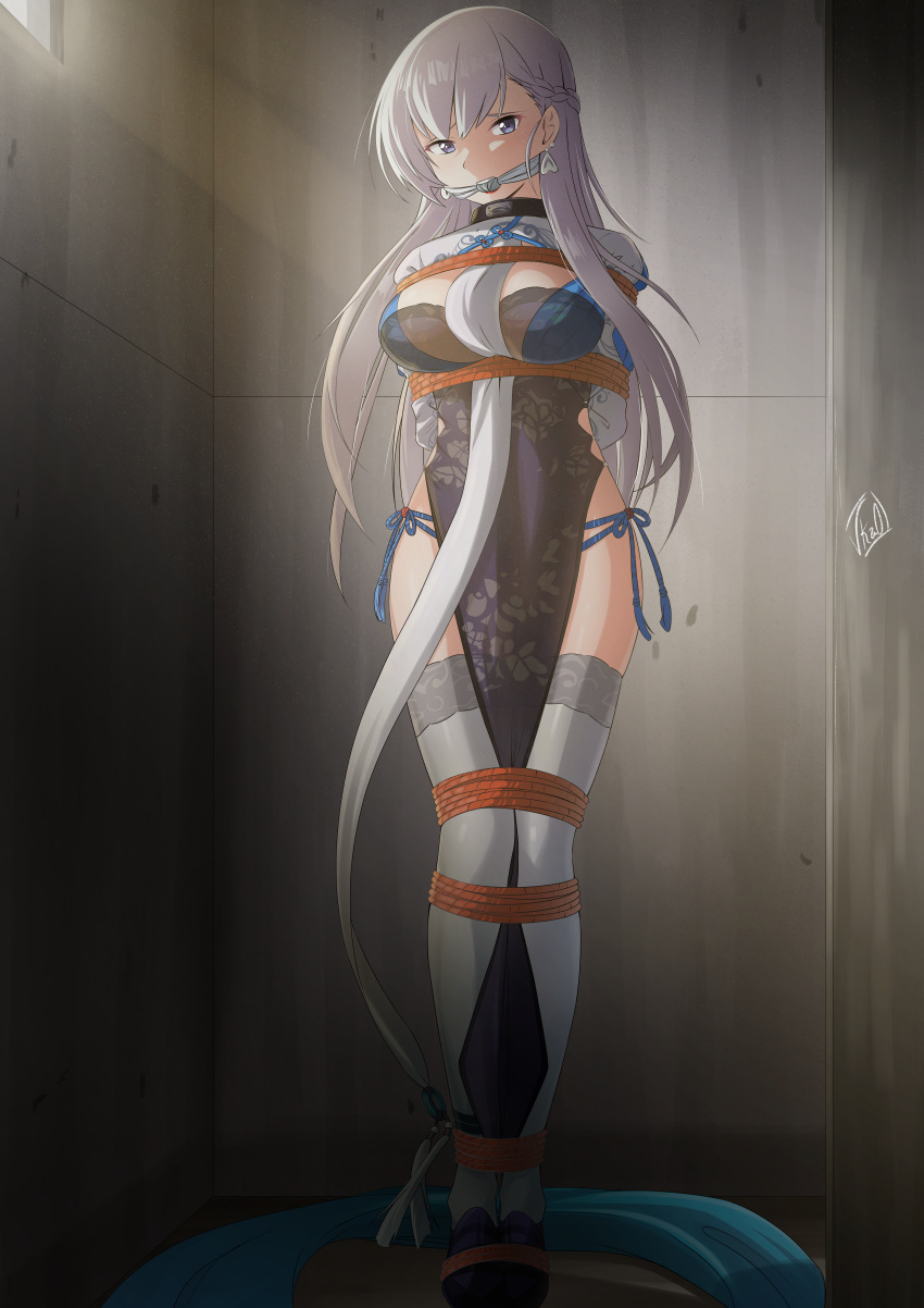 1girl absurdres azur_lane bangs bdsm belfast_(azur_lane) belfast_(iridescent_rose)_(azur_lane) blue_eyes bondage bound bound_together braid breasts chinese_clothes choker cleavage clothing_cutout collar earrings french_braid gag heart heart_earrings high_heels highres huge_filesize indoors jewelry kidnapped large_breasts long_hair official_alternate_costume panties red_lips shibari side-tie_panties solo standing sunlight thighhighs underwear vkao white_legwear