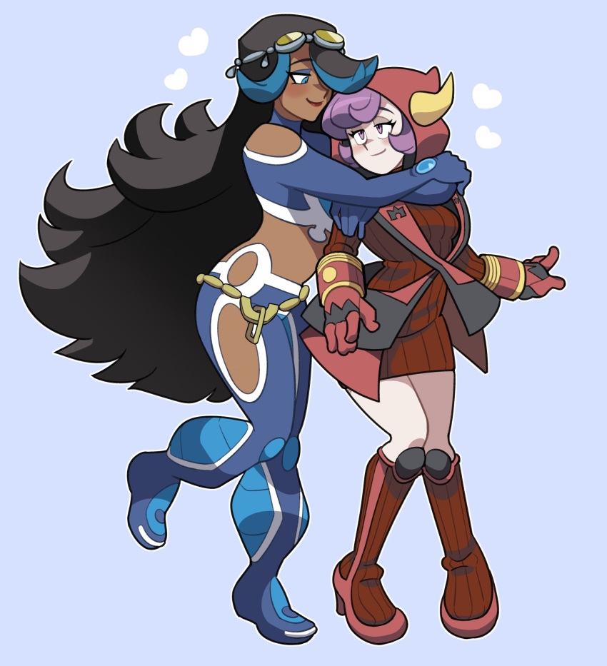 2girls absurdres black_hair blue_background blue_eyes blue_eyeshadow blue_footwear blue_gemstone blue_hair blue_wetsuit blush bodysuit boots breasts courtney_(pokemon) crop_top dark-skinned_female dark_skin diving_suit eyeshadow fake_horns gem gloves goggles goggles_on_head hair_over_one_eye heart highres hood hood_up horned_headwear horns hug lipstick long_hair looking_at_another loveycloud makeup midriff multicolored_hair multiple_girls pokemon pokemon_oras purple_eyes purple_hair red_footwear red_gloves red_lips ribbed_sweater shelly_(pokemon) short_hair simple_background smile standing standing_on_one_leg sweater team_aqua team_aqua_uniform team_magma team_magma_uniform two-tone_hair uniform wetsuit yuri